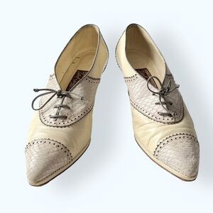 VINTAGE 80s Andrea Pfister Oxfords Shoes Eyelet Trim Snake Skin/ Leather Combo 7